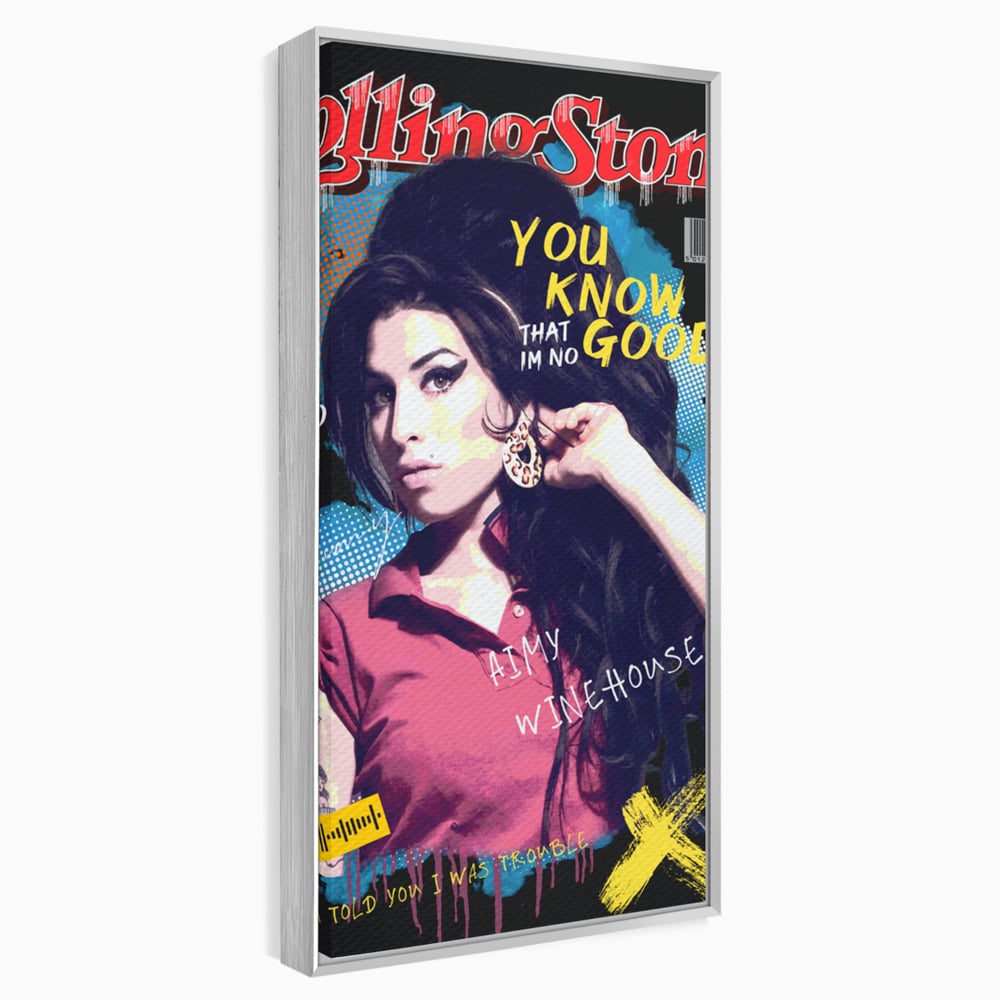 Tablou canvas cu tablou canvas cu amy winehouse pe coperta rolling stone, in rama de aluminiu argintiu